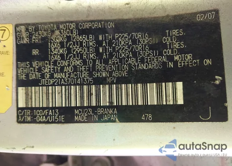 2007 Toyota Highlander V6 z USA, uszkodzony, nr VIN JTEDP21A370141375